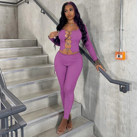 New fashion butterfly button long sleeve cardigan top tight trousers casual suit