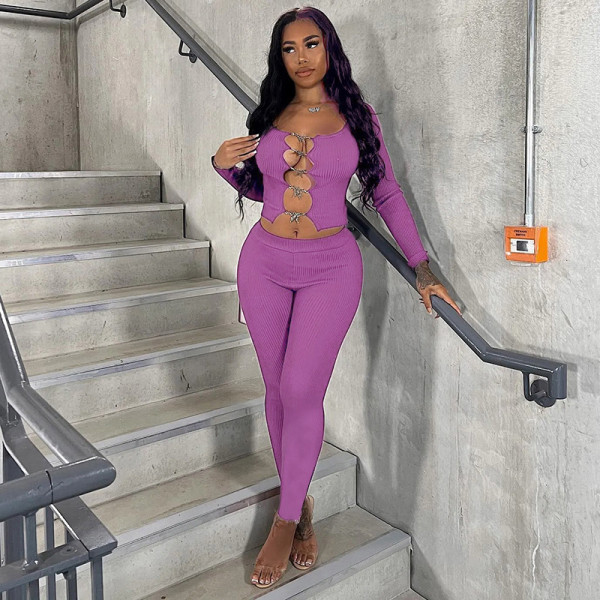 New fashion butterfly button long sleeve cardigan top tight trousers casual suit