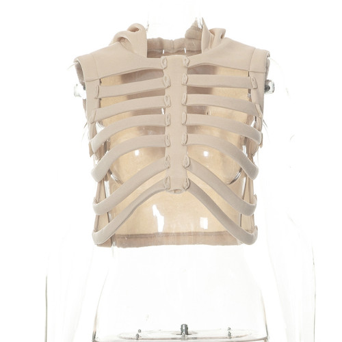 Versatile solid skeleton hooded sleeveless short sweater top