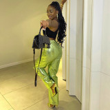 Fashion bright PU leather pocket zipper loose casual trousers