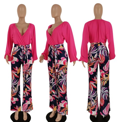 Two piece solid color dark V top and printed slacks