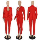 Solid ruffle deep V top and trousers two-piece set