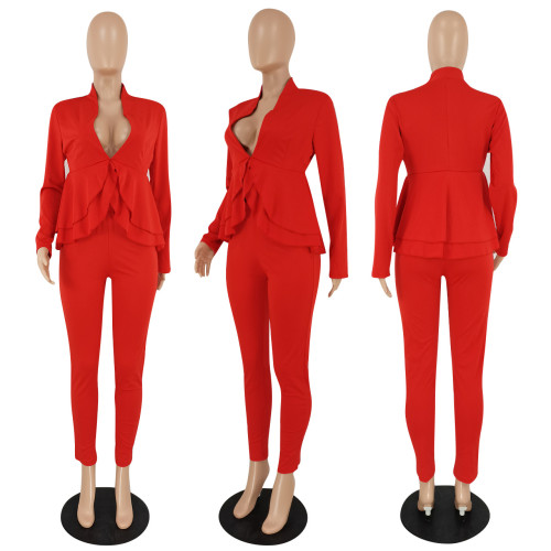 Solid ruffle deep V top and trousers two-piece set