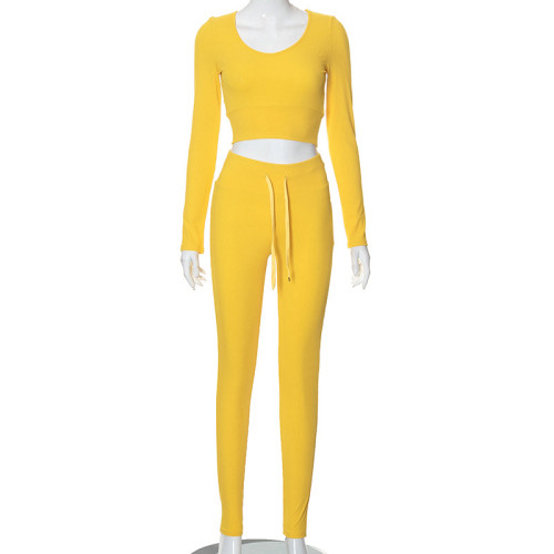 Solid U Neck Tight Long Sleeve Pants Drawstring Casual Set