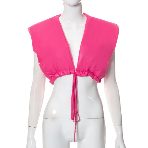 Sexy Solid Fashion Lace up Sleeveless Cotton Jacket Top