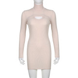 Half high collar long sleeve slim fitting blouse sling tight buttocks bottoming one-piece short skirt solid color knitting two-piece set