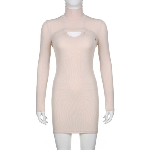 Half high collar long sleeve slim fitting blouse sling tight buttocks bottoming one-piece short skirt solid color knitting two-piece set