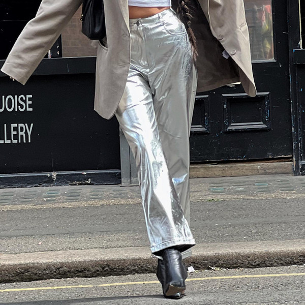 Fashion bright PU leather pocket zipper loose casual trousers