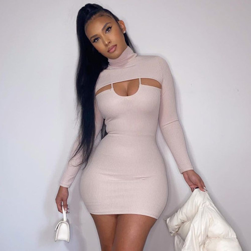 Half high collar long sleeve slim fitting blouse sling tight buttocks bottoming one-piece short skirt solid color knitting two-piece set