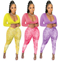 Two piece solid color cross tie top and printed trousers