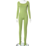 Slim fitting U-neck open back crinkle split long sleeve one-piece trousers