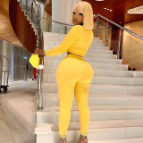 Solid U Neck Tight Long Sleeve Pants Drawstring Casual Set