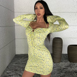 Sexy slim neck long sleeve floral dress