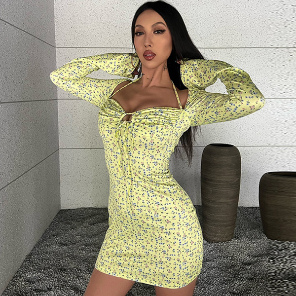 Sexy slim neck long sleeve floral dress
