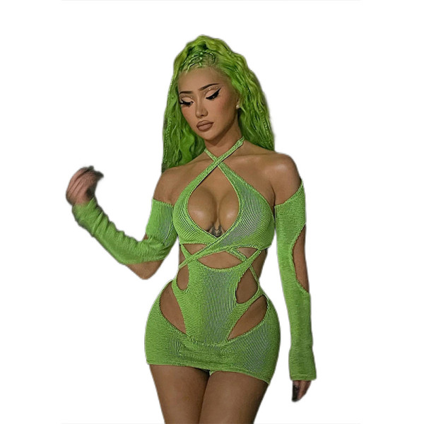Sexy Spice Girl's Hollow out Print Long Sleeve Slim Bodysuit Shorts