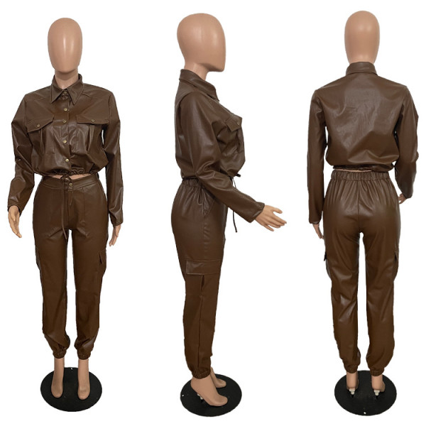 Fashion slim fitting PU leather fleece trousers 6-pocket tooling suit