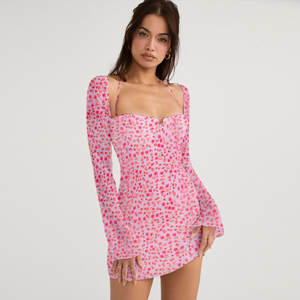 Sexy slim neck long sleeve floral dress