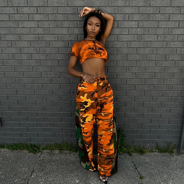 Camo printed bat side pocket overalls casual pants