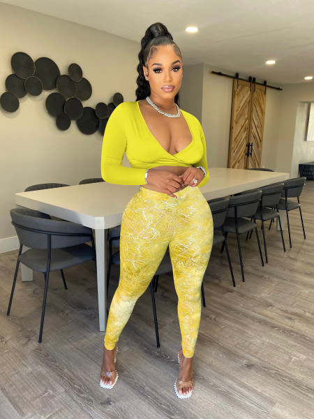 Two piece solid color cross tie top and printed trousers