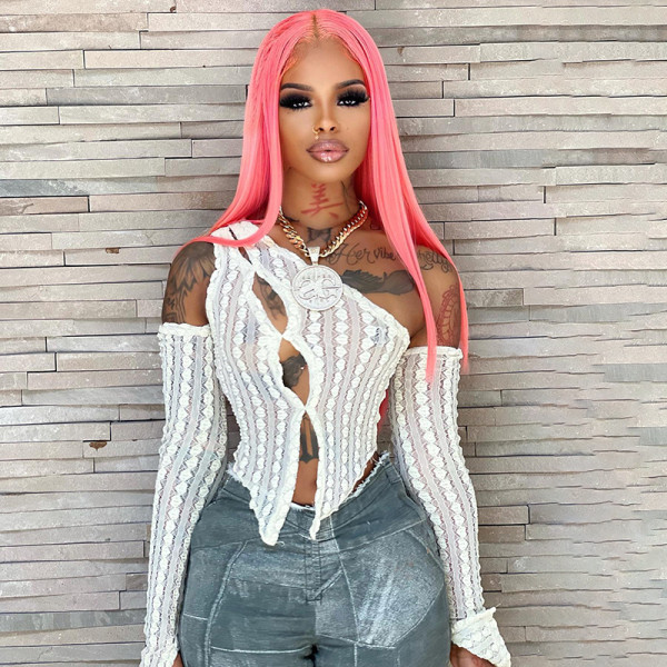 Love Jacquard Lace Oblique Shoulder Pullover Open Navel T-shirt Top