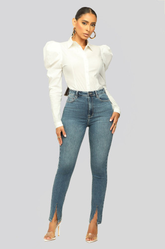 Fashion Versatile Shirt Women's Solid Simple Bubble Sleeve Slim Shirt