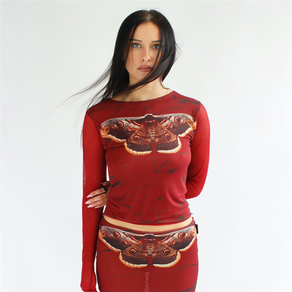 Fashion 3 Butterfly Print Long Sleeve Slim Wrap Hip Dress Set