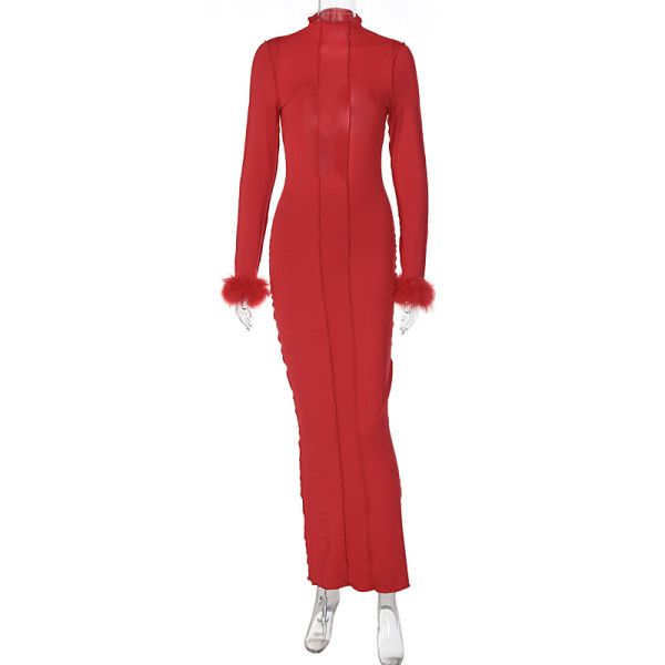 Women's sexy backless stand collar long slim fitting patchwork wool long sleeve dress