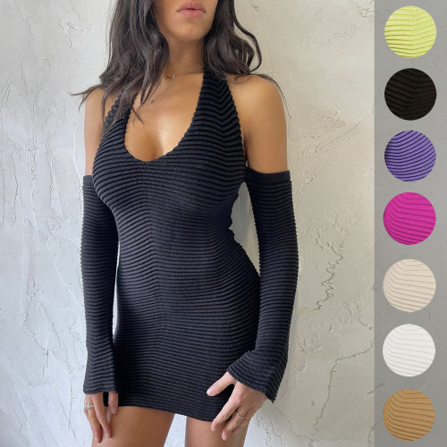 High Elastic Deep V Long Sleeve Woolen Dress