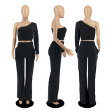 Towel jacquard solid color one shoulder long sleeved trousers suit