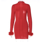 Fashion solid color stand collar hollow backless nightclub style patchwork wool long sleeve dress