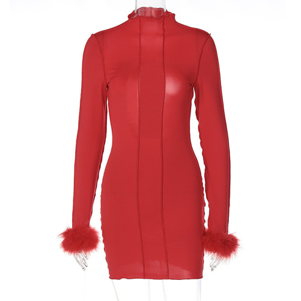 Fashion solid color stand collar hollow backless nightclub style patchwork wool long sleeve dress
