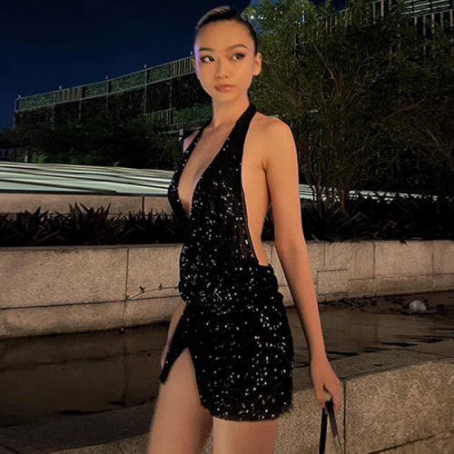 Fashion characteristic sequin neck hook sexy open back slim fitting dress