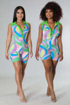 Fashion color printed sleeveless lapel V-one-piece shorts