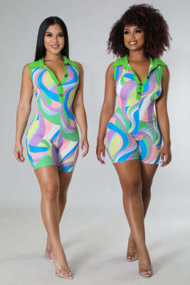 Fashion color printed sleeveless lapel V-one-piece shorts