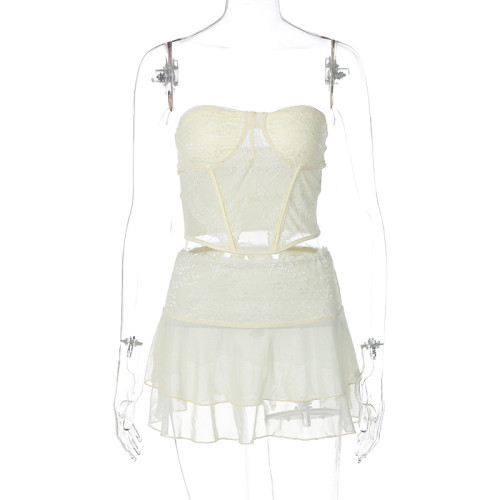 Women's sexy collage lace perspective wrap chest super short double layer pure sexy skirt suit