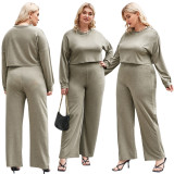 Large Fat Women's Casual Mother Solid Long Sleeve Pullover Top Wide Leg Pants Set
