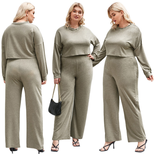 Large Fat Women's Casual Mother Solid Long Sleeve Pullover Top Wide Leg Pants Set
