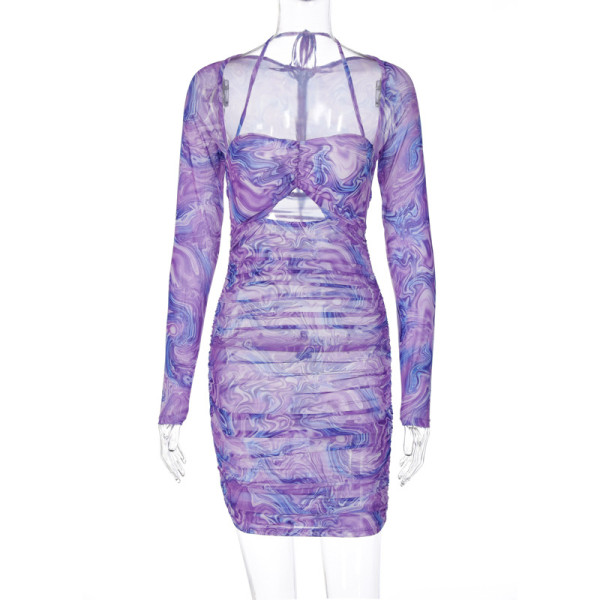 Fashion Women's Sexy Sling Hollow out Long Sleeve Printed Pleated Short Dress