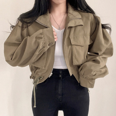 Solid color patchwork pocket loose casual work style lapel lanyard short jacket jacket