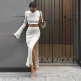 Sexy slim fitting open navel long sleeve T-shirt split skirt suit
