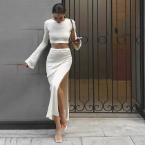 Sexy slim fitting open navel long sleeve T-shirt split skirt suit