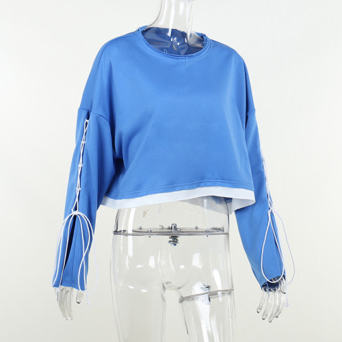 Individuality trend color contrast bandage casual loose short open navel sweater