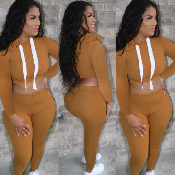 Solid color long sleeve hooded high elastic pit strip casual suit