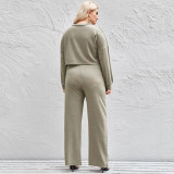 Large Fat Women's Casual Mother Solid Long Sleeve Pullover Top Wide Leg Pants Set