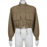 Solid color patchwork pocket loose casual work style lapel lanyard short jacket jacket