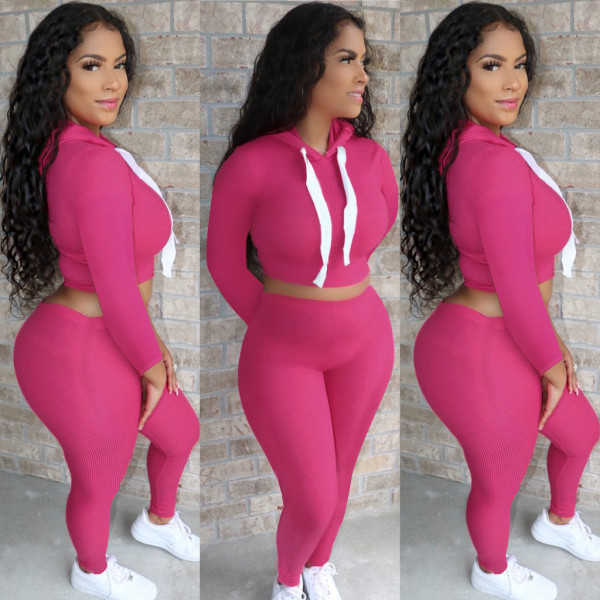 Solid color long sleeve hooded high elastic pit strip casual suit