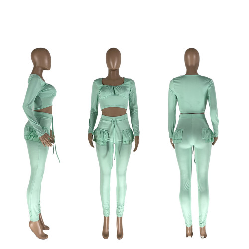 Solid casual two piece set with elastic waist and pleat with lotus leaf and wood ear edge