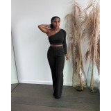 Towel jacquard solid color one shoulder long sleeved trousers suit