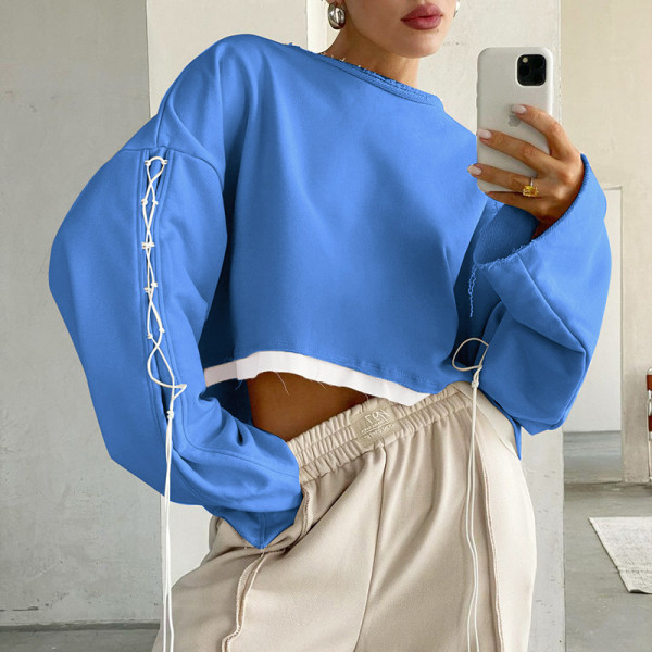 Individuality trend color contrast bandage casual loose short open navel sweater