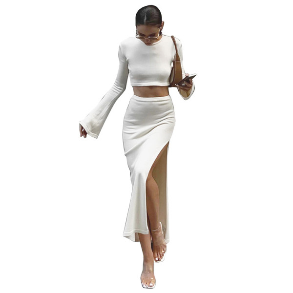 Sexy slim fitting open navel long sleeve T-shirt split skirt suit